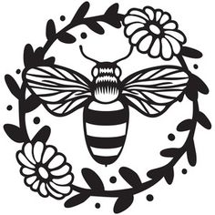 a black and white drawing of a bee surrounded by flowers