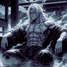 an anime character sitting in the water with his hands on his knees and eyes closed