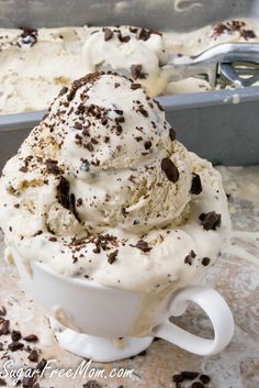 two scoops of ice cream with chocolate chips on top