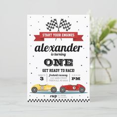 a race car birthday card with the words, start your engines enrique is turning one get ready to race