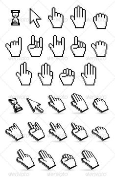 pixelated hand icons in different styles and sizes - web elements objects / technology illustrations