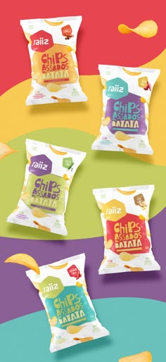 three bags of chips and one bag of potato chips are shown in the same color scheme