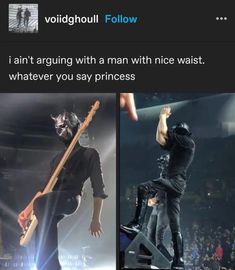 a man with a guitar standing on top of a stage next to another person holding an electric guitar