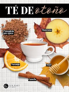 the ingredients to make tea with cinnamon, orange slices and an apple