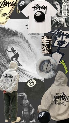 a collage of various items including hoodies and t - shirts