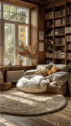 a living room filled with lots of furniture and bookshelves next to a window