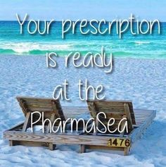 an open box sitting on top of a sandy beach next to the ocean with words reading your prescription is ready at the pharmsea