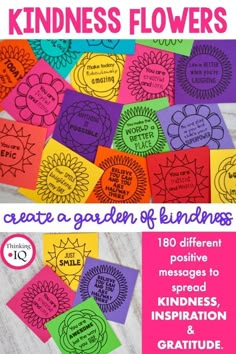 the book cover for kindness flowers is shown with pictures of different kinds of flowers and words