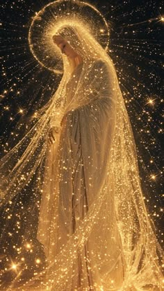 a woman dressed in white and wearing a veil with sparkling stars around her, standing under a star filled sky