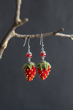 two strawberry shaped earrings hanging from a tree branch with beads on the earwires