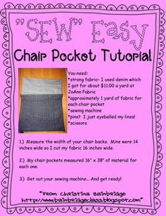 the instructions for how to sew an easy chair pocket with pictures and text on it