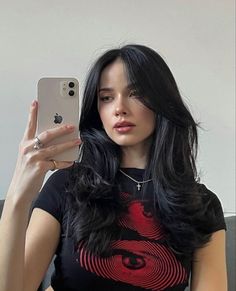 Layered Haircuts For Medium Hair Face Framing, Black Hair Blonde Underlayer, Layered Hair With Dyed Ends, Feathery Hairstyles, Wavy Medium Length Hair With Layers, Curtain Bangs Black Hair, Mid Length Hair With Face Framing Layers, Jet Black Hair Color Ideas, Black Hair With Layers