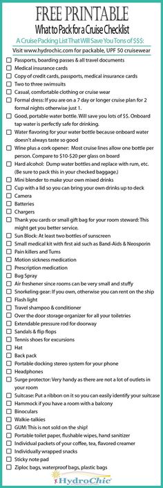 a printable checklist with the words, free printable what to pack for a cruise