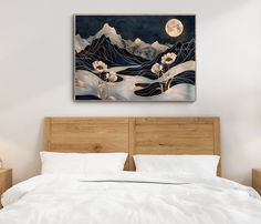 a bed with white sheets and pillows in front of a large painting on the wall