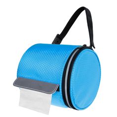 a blue toilet bag with a roll of toilet paper in front of it and a black handle