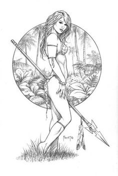 a drawing of a woman holding an arrow and standing in the grass with trees behind her