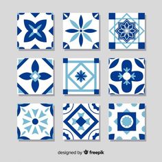 nine blue and white tiles with different shapes, sizes and colors on them are arranged in rows