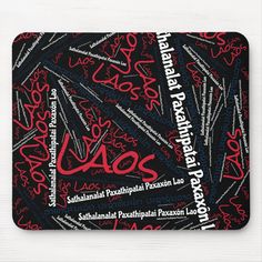 the back side of a mouse pad with red and black writing on it, which reads aos