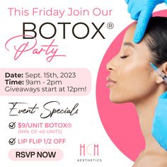 🎉 Join us THIS Friday for our exclusive BOTOX® Party! 💁‍♀️ We've got some fantastic event specials lined up just for you! ✨ For this event, we are offering: ✨ $9 per unit of BOTOX® (Minimum purchase of 40 units) 💋 50% Off Lip Flip 🗓️🎉 Attend the event from 12pm to 2pm to be eligible for our fantastic giveaway! 📍 Location: 9432 Katy Freeway, Suite 400 B, Houston, Texas 77055 #lipfiller #fillers #lipflip #botox #botoxinjections #botoxparty #hcmskin #hcmaesthetics #houston #texas Botox Parties Ideas, Botox Bar, Vi Peel, Lip Flip, Aesthetic Nurse, Bar Business, Botox Fillers, Botox Injections, Medical Spa