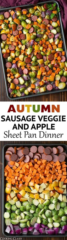 two pans filled with vegetables and the words autumn sausage veggie and apple sheet pan dinner