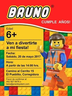 an advertisement for the lego movie, featuring a man in orange vest and yellow shirt