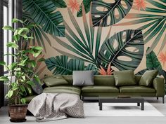 a living room filled with furniture and wallpaper covered in tropical leaves on the walls