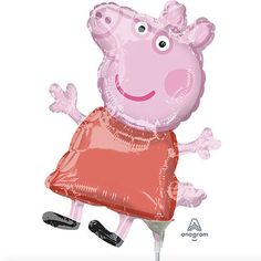 an inflatable peppa pig balloon with its arms and legs spread out to the side