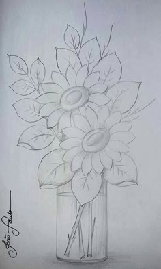 a drawing of a vase with flowers in it