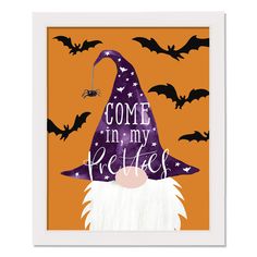 an orange and purple halloween poster with bats flying over it, says come in my pretties