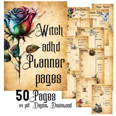 an old paper with roses on it and the words, witch and planner pages 50 pages