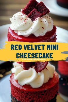 red velvet mini cheesecake with whipped cream on top