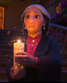 an animated character holding a lit candle in her hand and looking at the camera with surprise