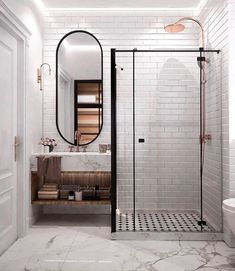 a bathroom with a shower, sink and mirror on the wall next to it's tiled floor