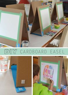 this is an image of cardboard easels with pictures on them and the words diy cardboard easel