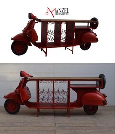 an old red scooter with a bar attached to the back is shown in two different views