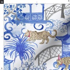 a blue and white wallpaper with an image of a leopard in front of the eiffel tower