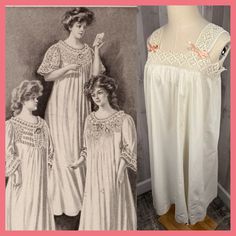 THIS LISTING IS FOR c1900-1910 ANTIQUE NIGHTGOWN/DRESSINGOWN. CRISP WHITE COTTON FABRIC, HAND SEWN. UNLINED.  VERY  WEARABLE ANTIQUE NIGHTGOWN/NIGHT DRESS. * Please Note: the original ribbon was shredding, so it was removed and replaced with this  antique French silk ribbon.   SIZE: NO LABEL TO INDICATE SIZE, (WHICH IS EXPECTED WITH ANTIQUE CLOTHING). FOR BEST RESULTS, REFER TO MEASUREMENTS BELOW. Note: pull over design, be sure to leave plenty of room.  36" HIGH BUST (SIDE SEAM TO SIDE SEAM)  52" WAIST  40"  LENGTH  60" HIPS  90"  SWEEP. PHOTOGRAPHED ON MY SIZE 2 DRESS FORM WITH LOST OF ROOM.   CONDITION: PRE-OWNED WEARABLE ANTIQUE. FRESHLY HAND WASHED, FLAT DRIED AND PRESSED.  NOTABLE ISSUES: Refer to last photo for up close details of notables. There are a few isolated faint spots, (lik Vintage Lace Work Dress For Daywear, Historical Design Vintage Dress For Events, Vintage Nightgown For Wedding Night, Vintage Victorian Dress With Empire Waist For Daywear, Vintage Wedding Nightgown, 1880s Sleepwear, 1890s Nightwear, 1890s Sleepwear, Edwardian Sleepwear