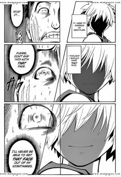 an anime story page with two faces and one eye open, the third panel is black and white