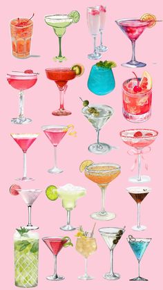 a bunch of different kinds of drinks on a pink background with the words cocktails written below them