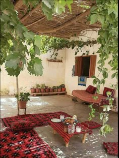 an outdoor living area with red and black rugs