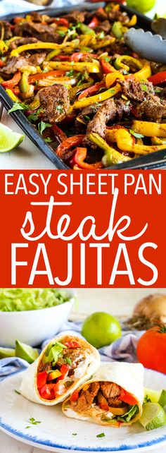 an easy sheet pan steak fajitas recipe with peppers, bell peppers and onions