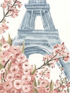 a painting of the eiffel tower with pink flowers