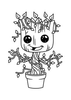 a drawing of a baby groote planter in a pot with leaves on it