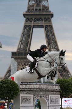 a horse and rider jumping over an obstacle in front of the eiffel tower