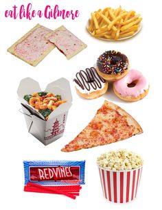 there are many different foods and snacks in this picture, including pizza, donuts, popcorn, cheesy fries, cake