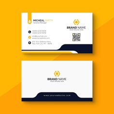 two business cards with yellow and black accents on the front, one has a q in it