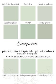 some green paint colors with the words european on them and an image of two different shades