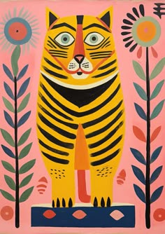 Illustration of a yellow-striped tiger with expressive eyes, surrounded by sunflowers on a pink background, ideal for children's rooms and nurseries. Funky Tiger Art, Funky Colorful Art, Tiger Mural, Tiger Nursery, Tiger Art Print, Vibrant Poster, Tiger Poster, Colorful Posters, Tiger Illustration