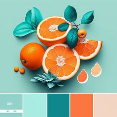 an orange color scheme with green leaves on top and blue, red, and peach hues