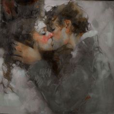 a painting of two people embracing each other